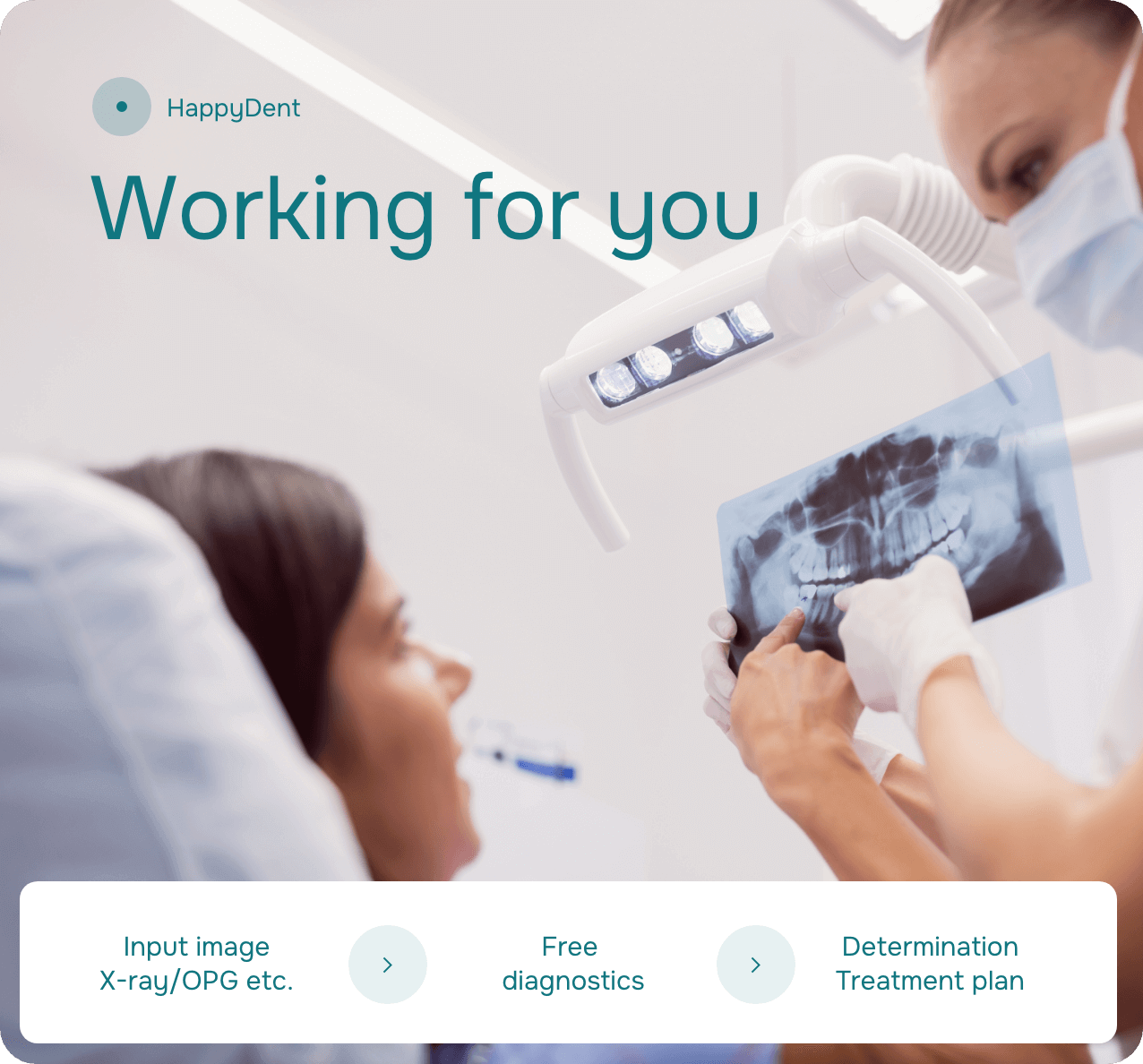 HAPPYDENT banner ‘Working for you’ – dentist showing a patient a dental X-ray
